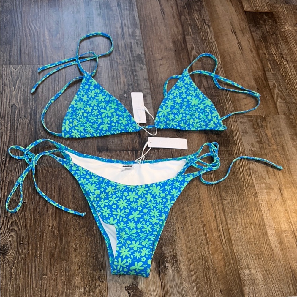 Blue & Green Floral Triangle String Bikini